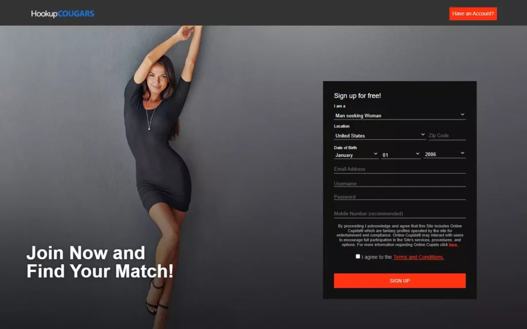 Review HookUpCougars.com landing page