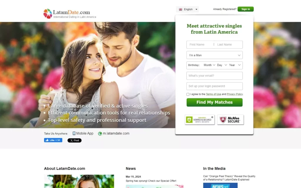Review LatamDate.com landing page
