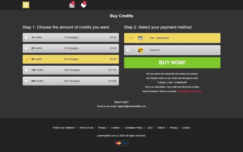 Review YummyAffair.com cost area