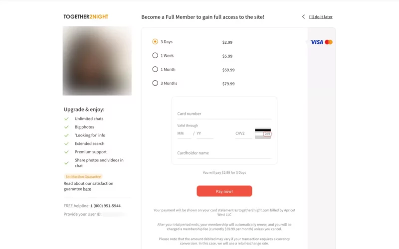 Review Together2Night.com costs