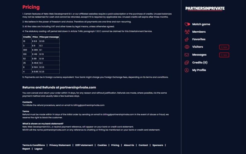 Review PartnersInPrivate.com cost area