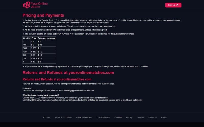 Review YourOnlineMatches.com costs