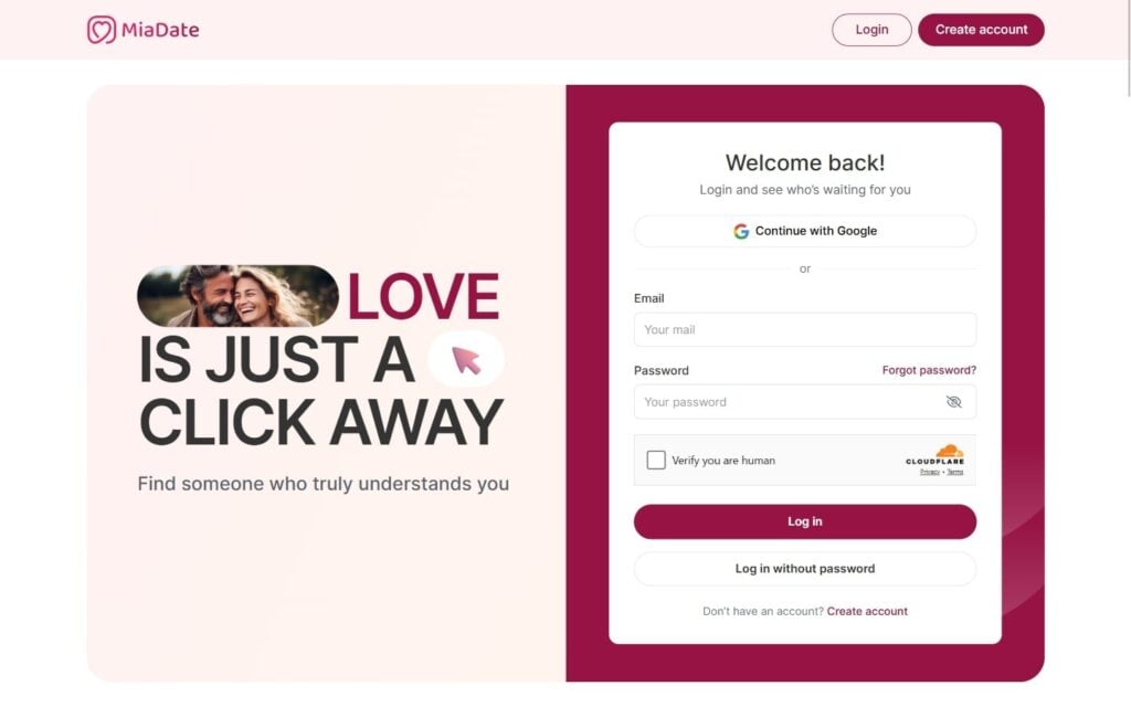 Review MiaDate.com landing page