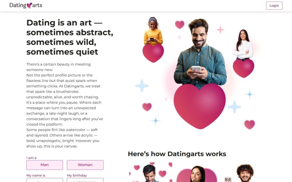 Review DatingArts.com landing page