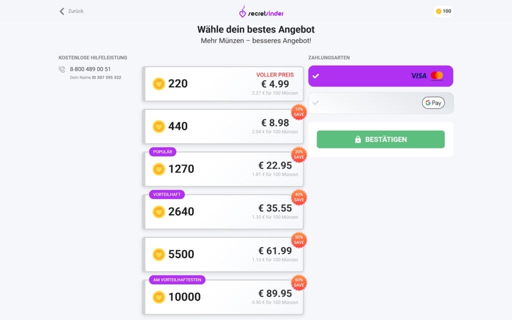 Secretsinder.com Kosten
